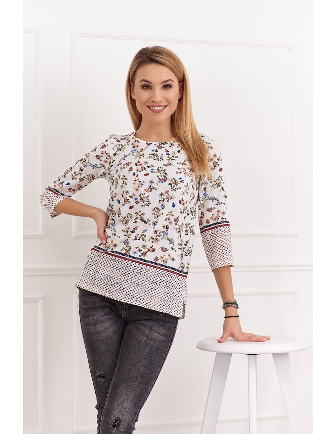 Cream women\'s blouse with a floral pattern 0446 - Online store - Boutique